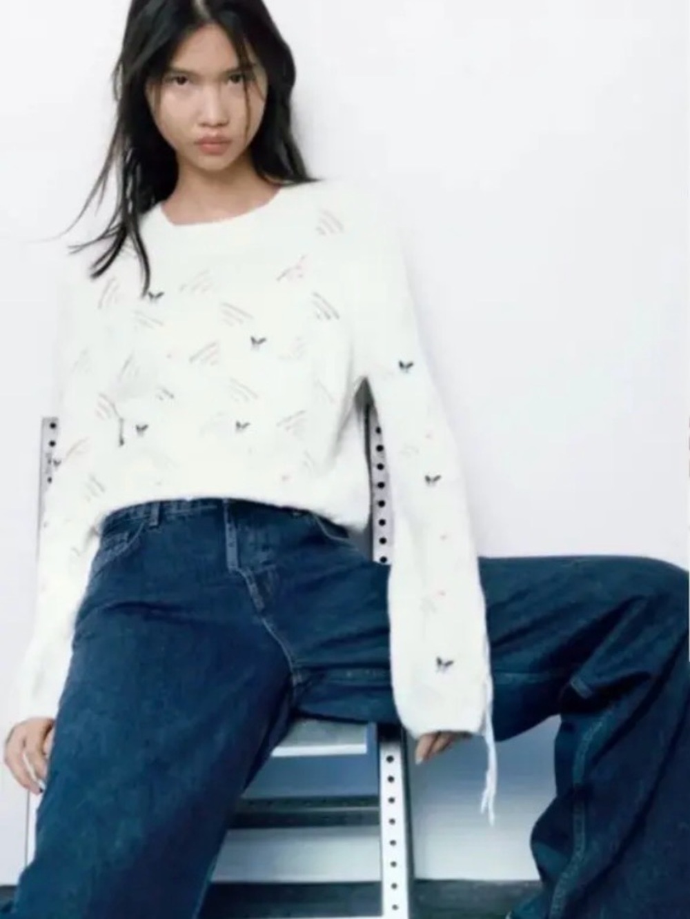 ZARA Scandi Cottage white crewneck sweater embroidered Wool Tie Sleeves